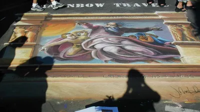 Chalk street painting Michelangelo Creation of the Planets - San Diego Little Italy