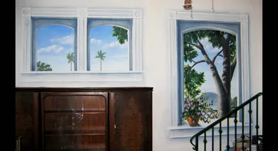 Hand painted trompe l'oeil window interior painting